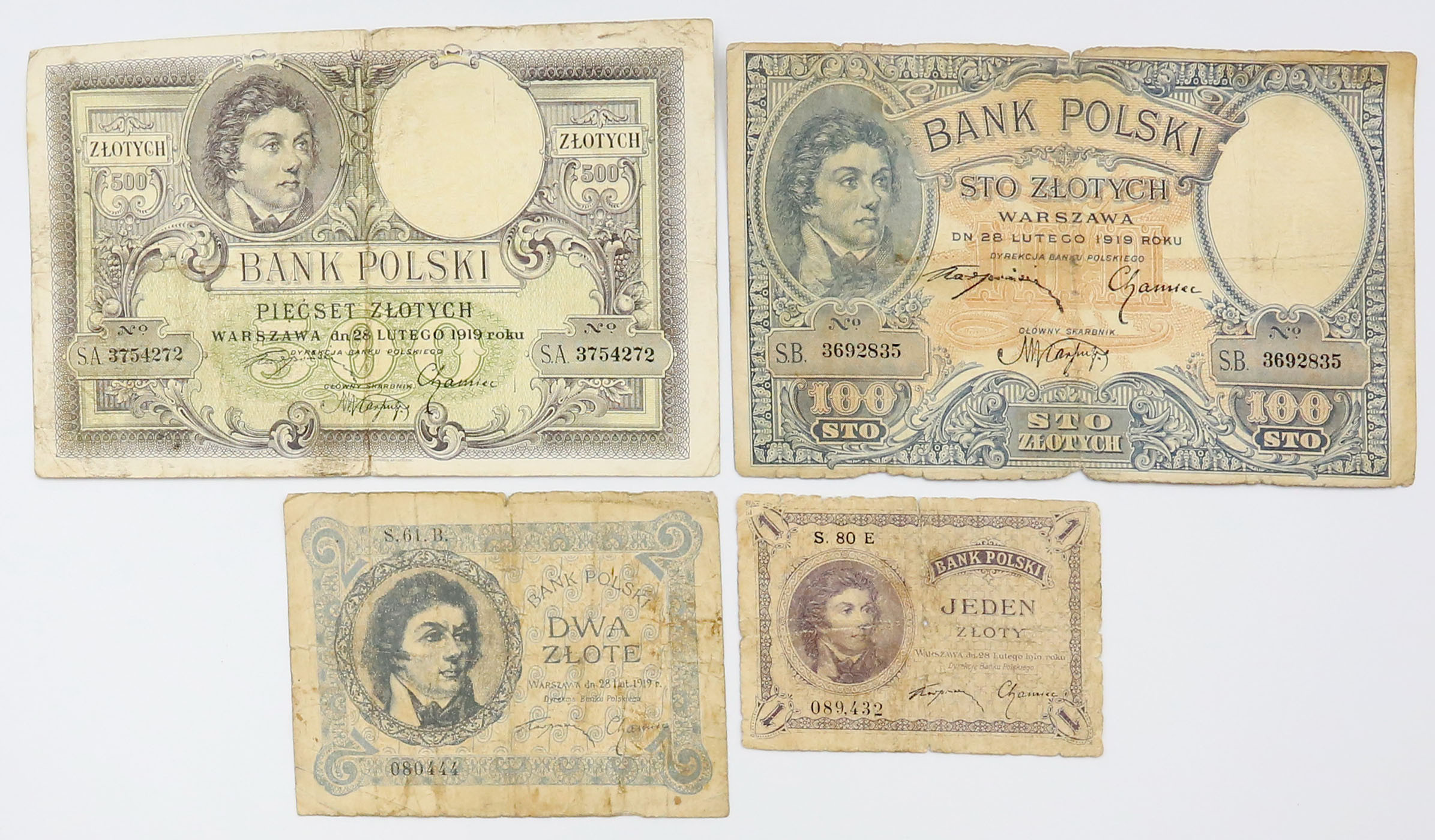 1-500 złotych 1919 Kościuszko, zestaw 4 banknotów